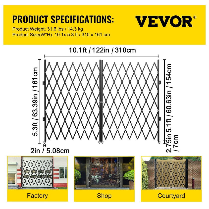 VEVOR Double Folding Security Gate, 5.1' H x 10.2' W Folding Door Gate, Steel Accordion Security Gate, Flexible Expanding Security Gate, 360° Rolling Barricade Gate, Scissor Gate or Door with Padlock