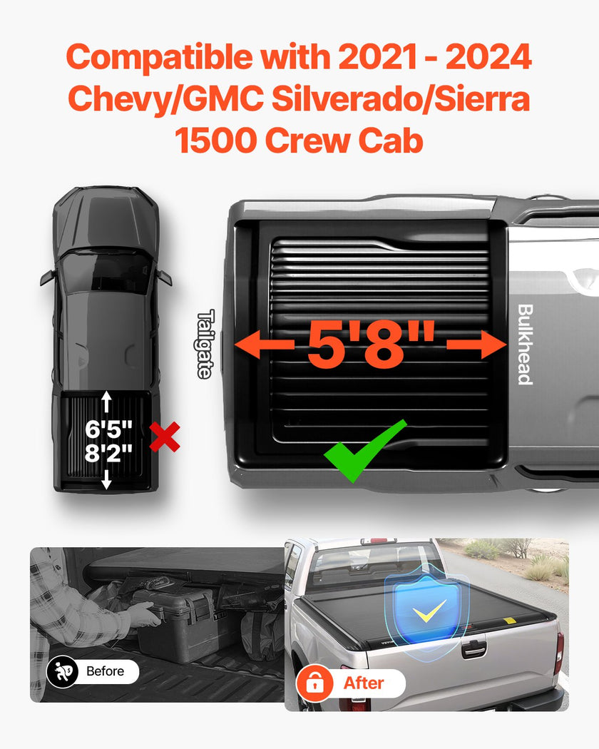 VEVOR 5.8 ft Retractable Tonneau Cover for Chevy/GMC Silverado/Sierra 1500