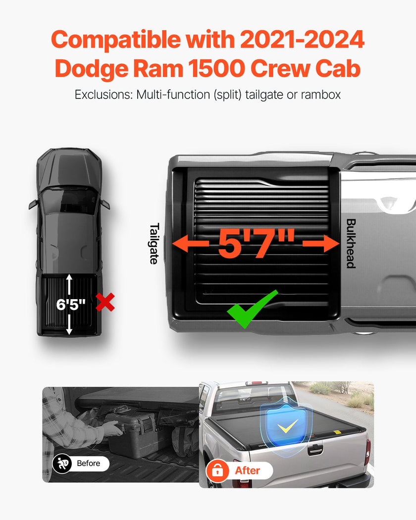 VEVOR 5.7 ft Retractable Tonneau Cover Hard Tonneau Cover for Dodge Ram1500