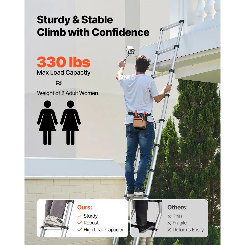 12.5FT Telescoping Ladder, Aluminum Collapsible Extension Ladder with One-Touch Retraction, 330 lbs Capacity