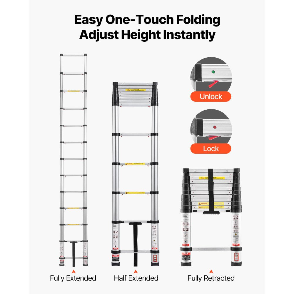 12.5FT Telescoping Ladder, Aluminum Collapsible Extension Ladder with One-Touch Retraction, 330 lbs Capacity