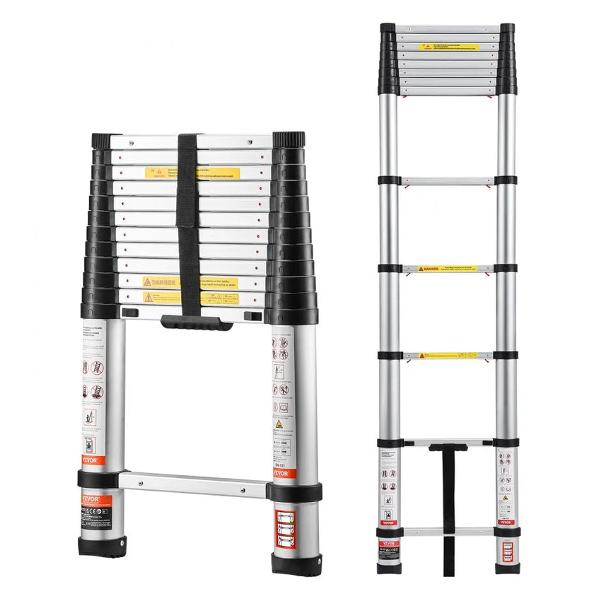 12.5FT Telescoping Ladder, Aluminum Collapsible Extension Ladder with One-Touch Retraction, 330 lbs Capacity