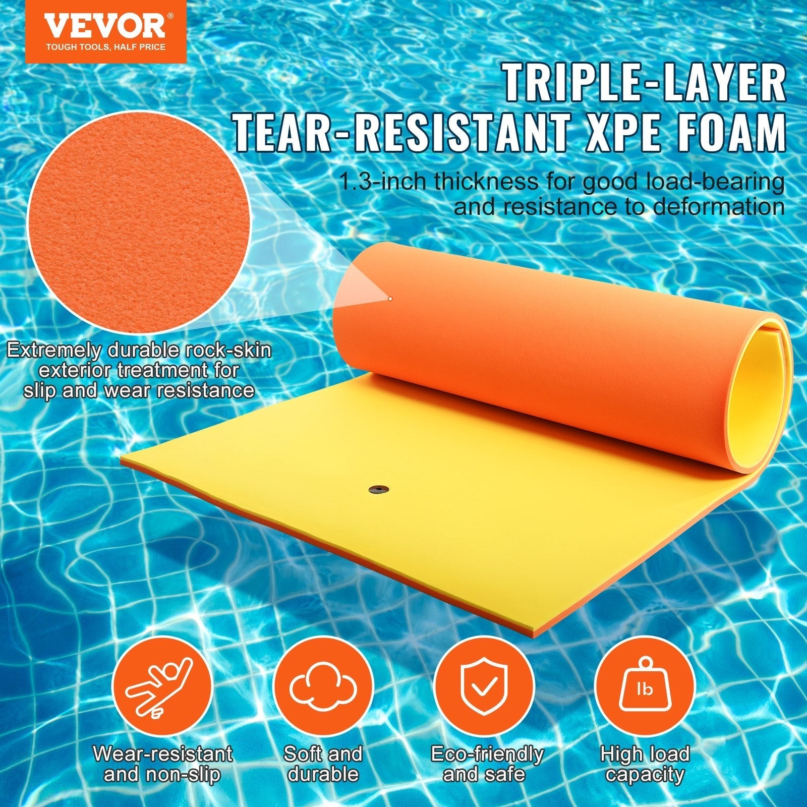 VEVOR Lily Pad Floating Mat, Large 12x6 FT Floating Water Pad, 3-Layer Floating Dock for Adults Kids, 1.3