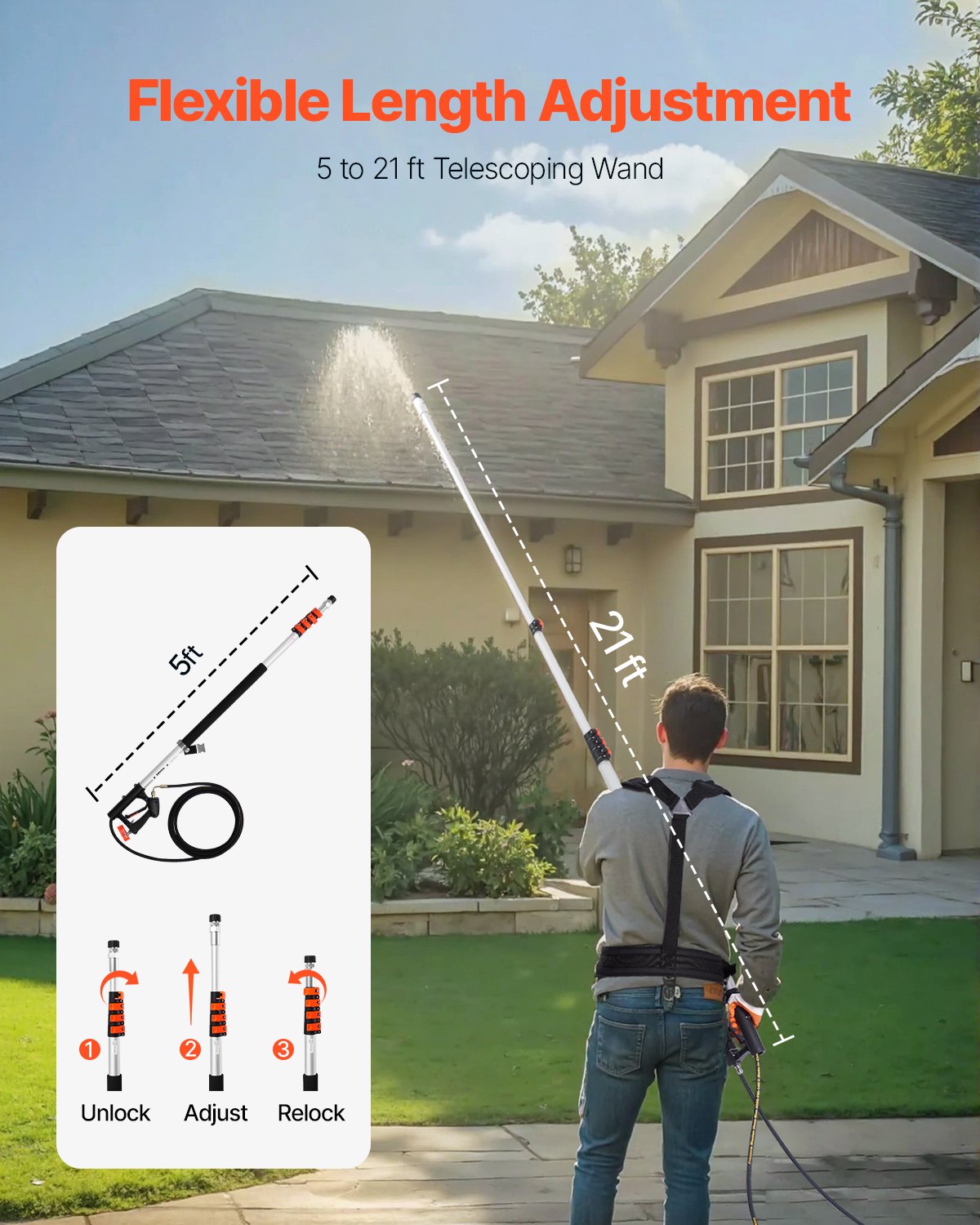 VEVOR Pressure Washer Telescoping Wand 21 ft Brush Head Telescopic Spray Wand
