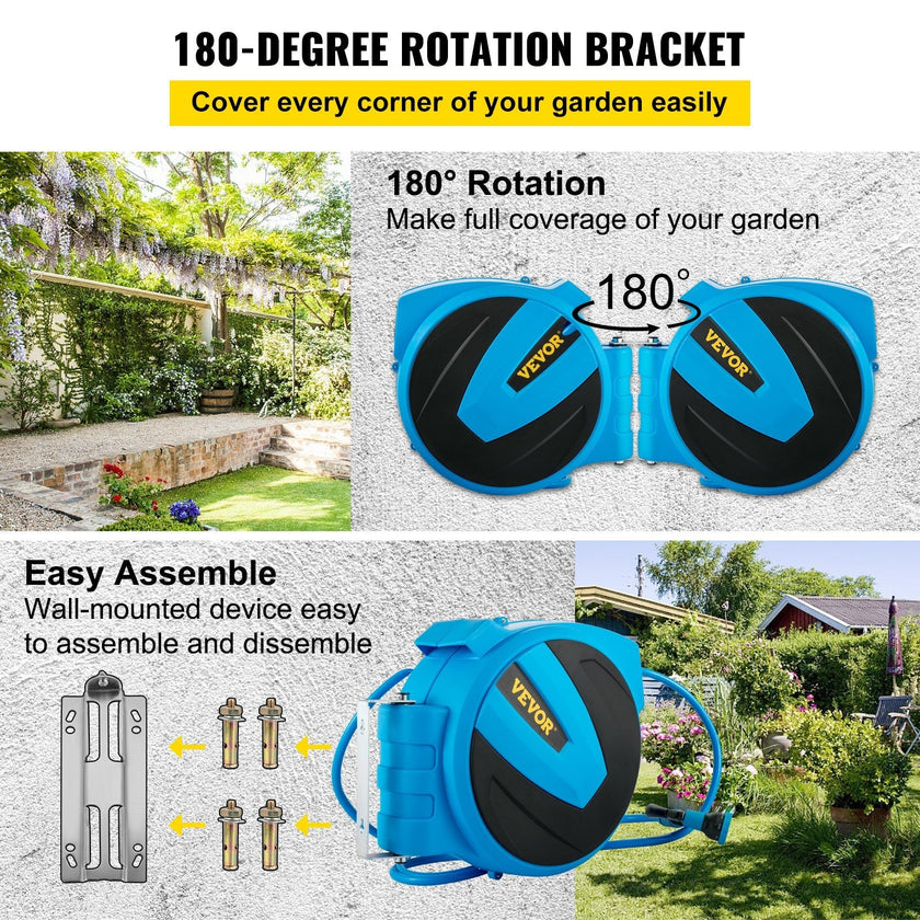 VEVOR Retractable Hose Reel, 5/8 inch x 65 ft, Any Length Lock & Automatic Rewind Water Hose, Wall Mounted Garden Hose Reel w/ 180° Swivel Bracket and 7 Pattern Hose Nozzle, Blue