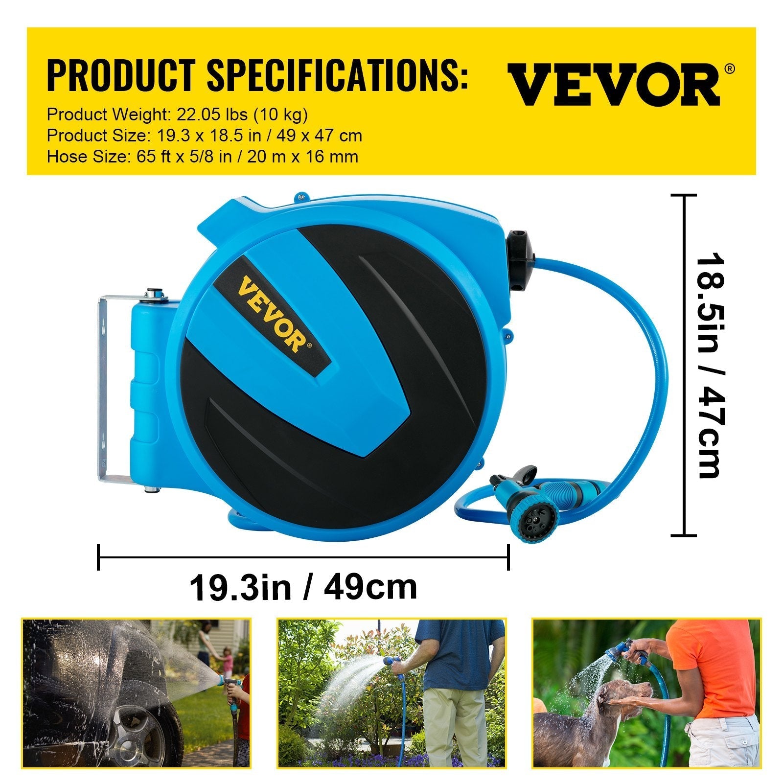 VEVOR Retractable Hose Reel, 5/8 inch x 65 ft, Any Length Lock & Automatic Rewind Water Hose, Wall Mounted Garden Hose Reel w/ 180° Swivel Bracket and 7 Pattern Hose Nozzle, Blue
