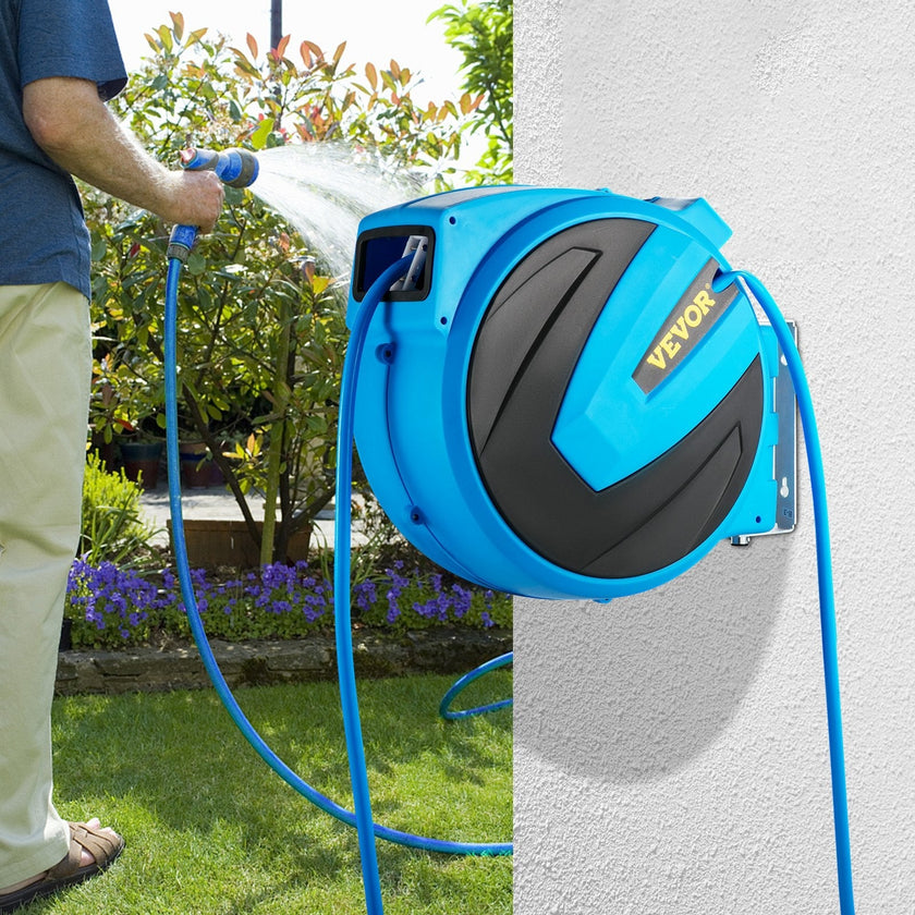 VEVOR Retractable Hose Reel, 5/8 inch x 65 ft, Any Length Lock & Automatic Rewind Water Hose, Wall Mounted Garden Hose Reel w/ 180° Swivel Bracket and 7 Pattern Hose Nozzle, Blue