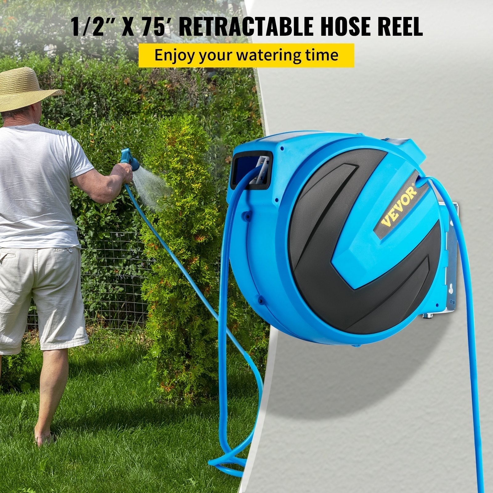 VEVOR Retractable Hose Reel, 1/2 inch x 75 ft, Any Length Lock & Automatic Rewind Water Hose, Wall Mounted Garden Hose Reel w/ 180° Swivel Bracket and 7 Pattern Hose Nozzle, Blue