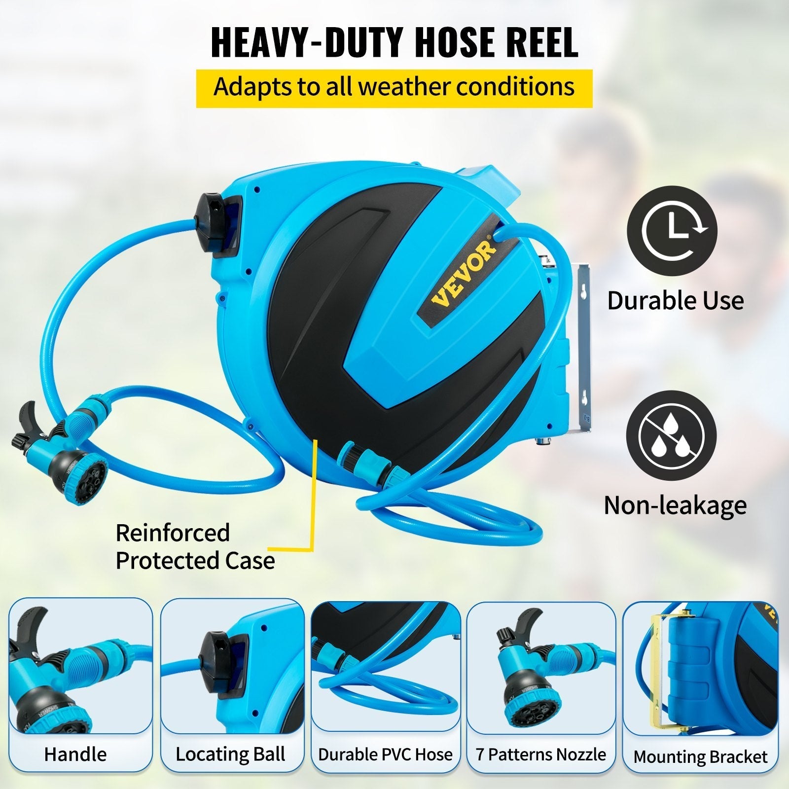 VEVOR Retractable Hose Reel, 1/2 inch x 75 ft, Any Length Lock & Automatic Rewind Water Hose, Wall Mounted Garden Hose Reel w/ 180° Swivel Bracket and 7 Pattern Hose Nozzle, Blue