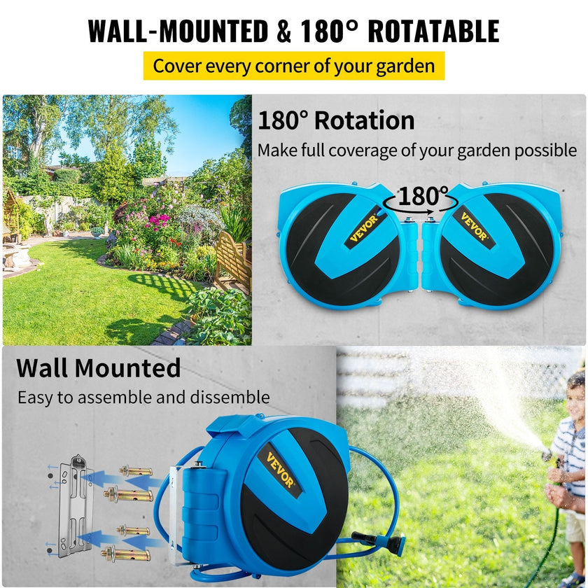 VEVOR Retractable Hose Reel, 1/2 inch x 75 ft, Any Length Lock & Automatic Rewind Water Hose, Wall Mounted Garden Hose Reel w/ 180° Swivel Bracket and 7 Pattern Hose Nozzle, Blue