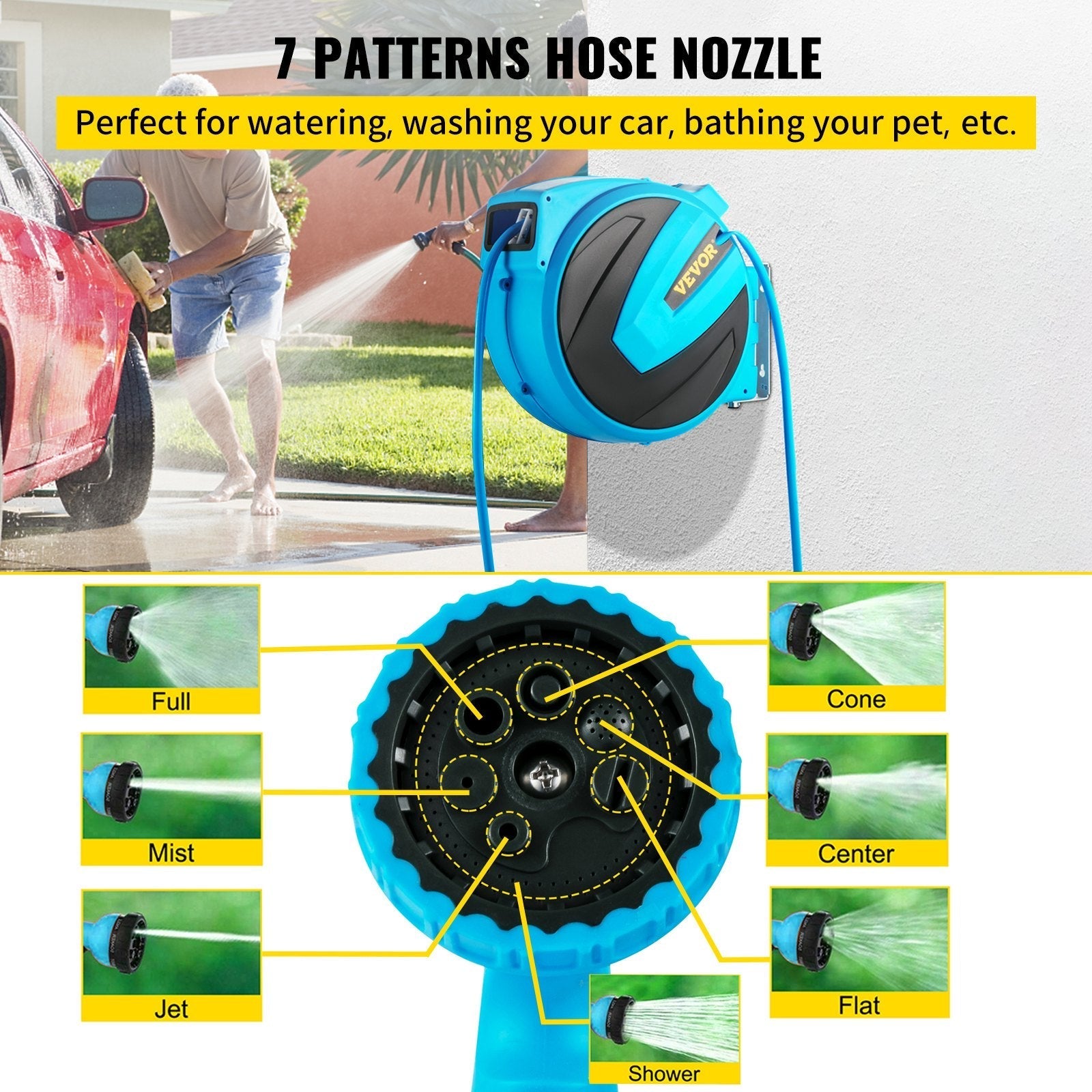 VEVOR Retractable Hose Reel, 1/2 inch x 75 ft, Any Length Lock & Automatic Rewind Water Hose, Wall Mounted Garden Hose Reel w/ 180° Swivel Bracket and 7 Pattern Hose Nozzle, Blue