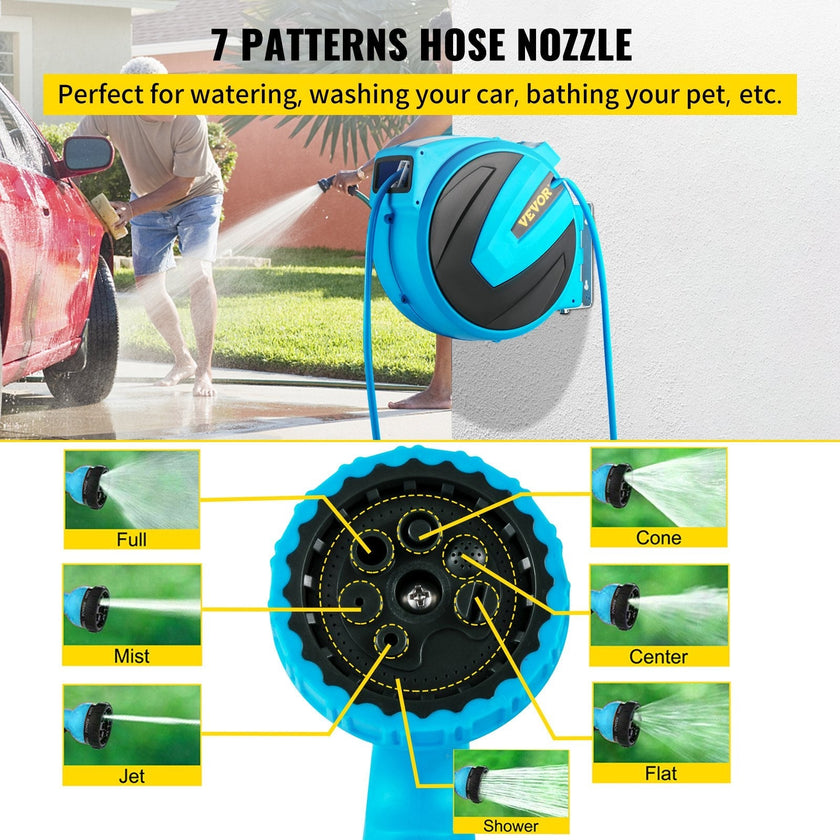 VEVOR Retractable Hose Reel, 1/2 inch x 75 ft, Any Length Lock & Automatic Rewind Water Hose, Wall Mounted Garden Hose Reel w/ 180° Swivel Bracket and 7 Pattern Hose Nozzle, Blue