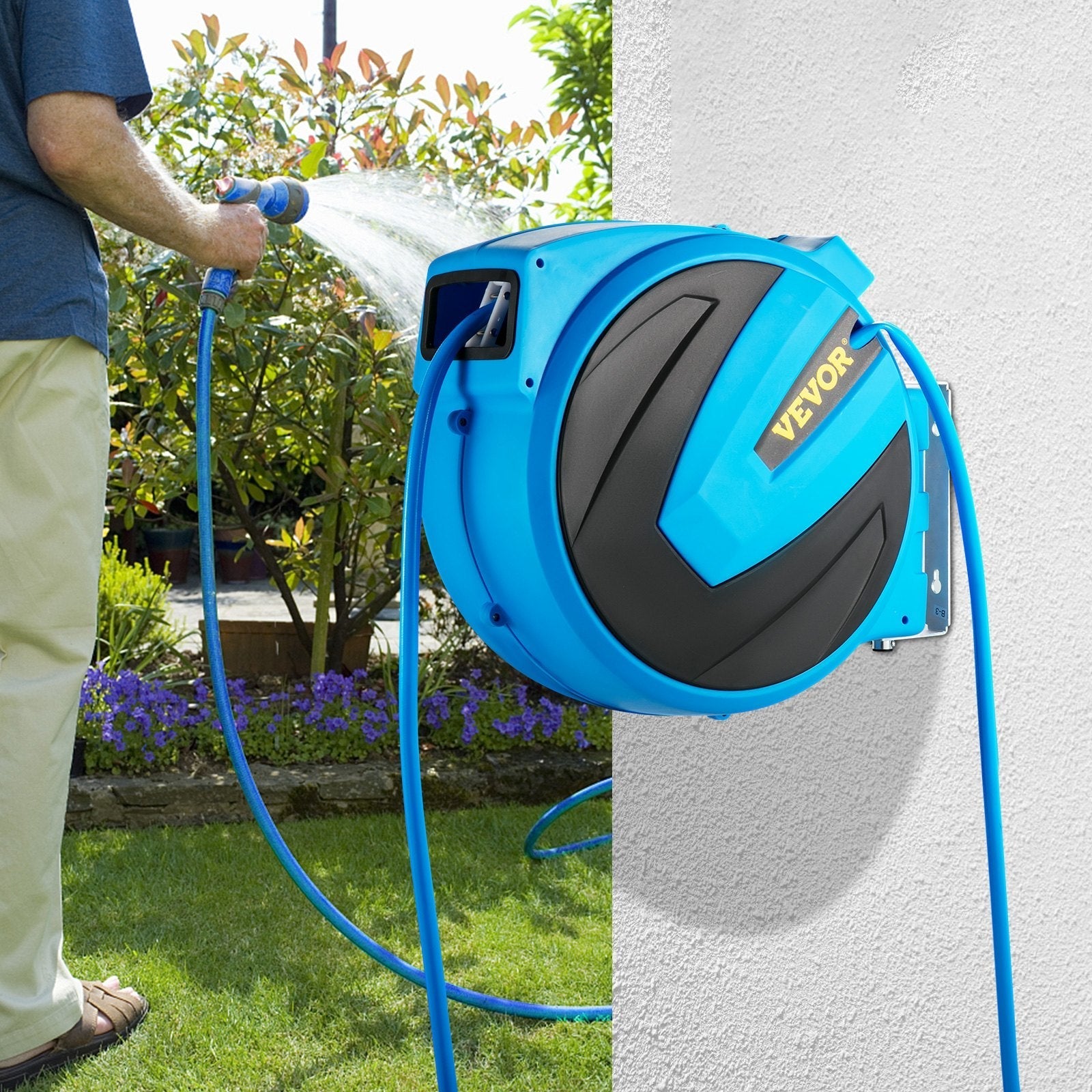 VEVOR Retractable Hose Reel, 1/2 inch x 75 ft, Any Length Lock & Automatic Rewind Water Hose, Wall Mounted Garden Hose Reel w/ 180° Swivel Bracket and 7 Pattern Hose Nozzle, Blue