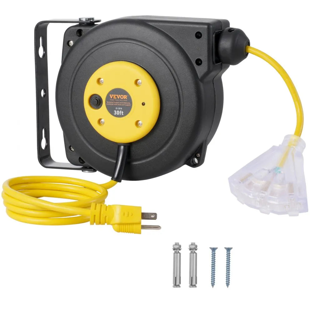 VEVOR Retractable Extension Cord Reel Power Cord Reel 30FT 16AWG/3C SJTOW