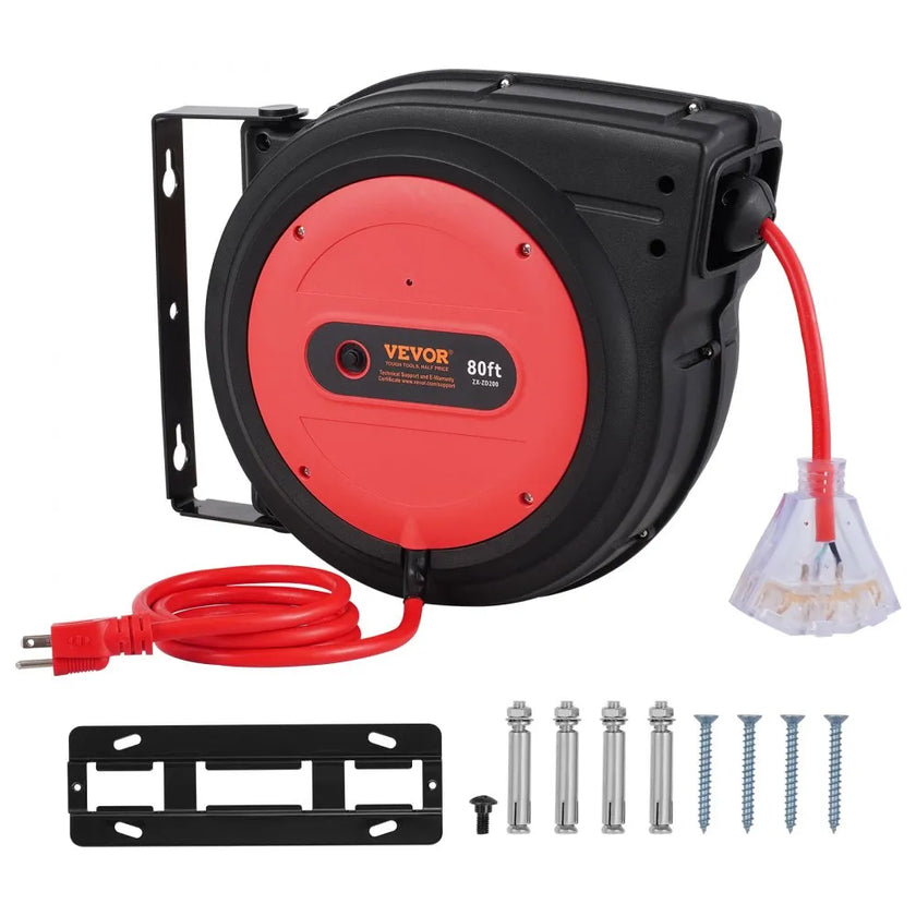 VEVOR Retractable Extension Cord Reel Power Cord Reel 80FT 12AWG/3C SJTOW