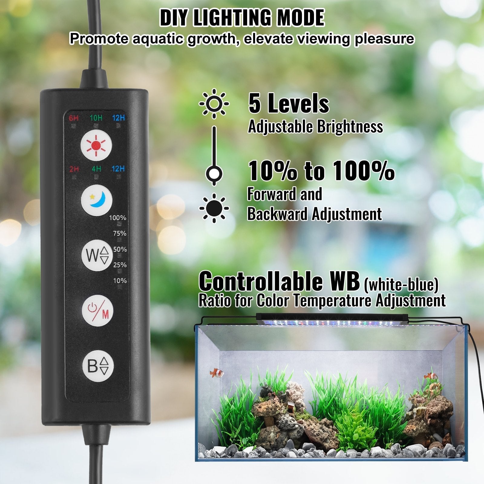VEVOR Aquarium Light, 10W Full Spectrum Fish Tank Light with 5 Levels Adjustable Brightness, Adjustable Timer and Power-Off Memory, with ABS Shell Extendable Brackets for 12
