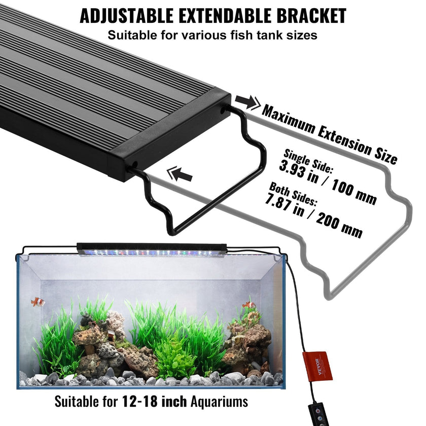 VEVOR Aquarium Light, 10W Full Spectrum Fish Tank Light with 5 Levels Adjustable Brightness, Adjustable Timer and Power-Off Memory, with ABS Shell Extendable Brackets for 12