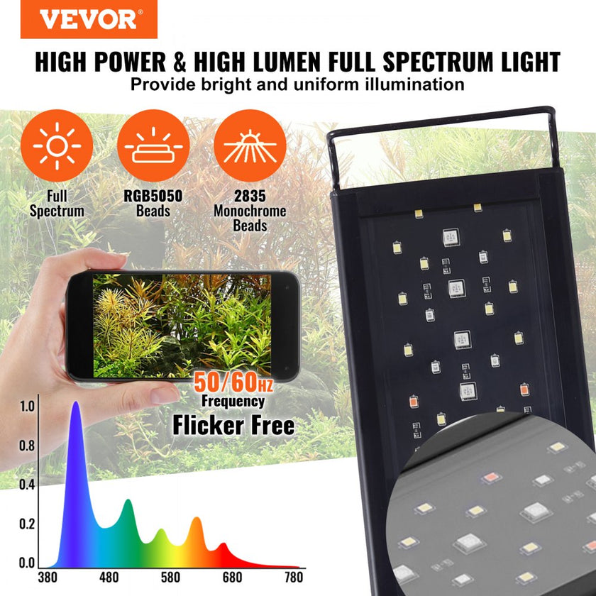 VEVOR Aquarium Light with LCD Monitor, 14W Full Spectrum Fish Tank Light with 24/7 Natural Mode, Adjustable Brightness & Timer - Aluminum Alloy Shell Extendable Brackets for 12
