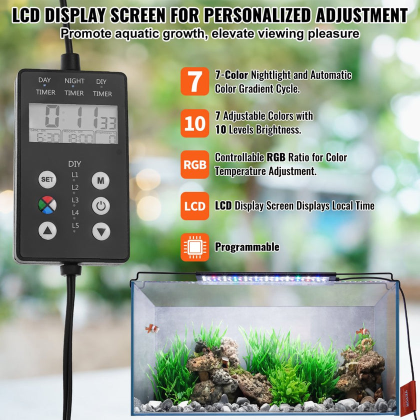 VEVOR Aquarium Light with LCD Monitor, 14W Full Spectrum Fish Tank Light with 24/7 Natural Mode, Adjustable Brightness & Timer - Aluminum Alloy Shell Extendable Brackets for 12