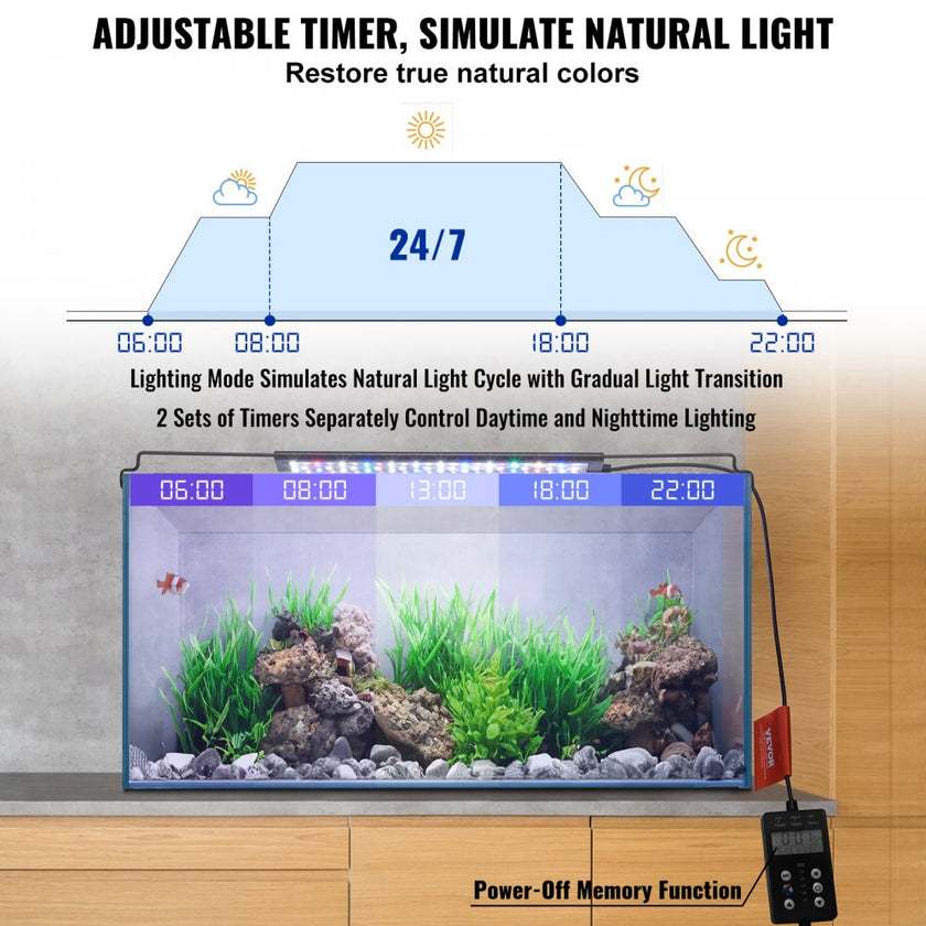 VEVOR Aquarium Light with LCD Monitor, 14W Full Spectrum Fish Tank Light with 24/7 Natural Mode, Adjustable Brightness & Timer - Aluminum Alloy Shell Extendable Brackets for 12