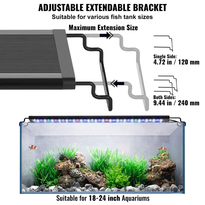 VEVOR Aquarium Light, 18W Full Spectrum Fish Tank Light with 24/7 Natural Mode, Adjustable Timer & 5-Level Brightness, with Aluminum Alloy Shell Extendable Brackets for 18