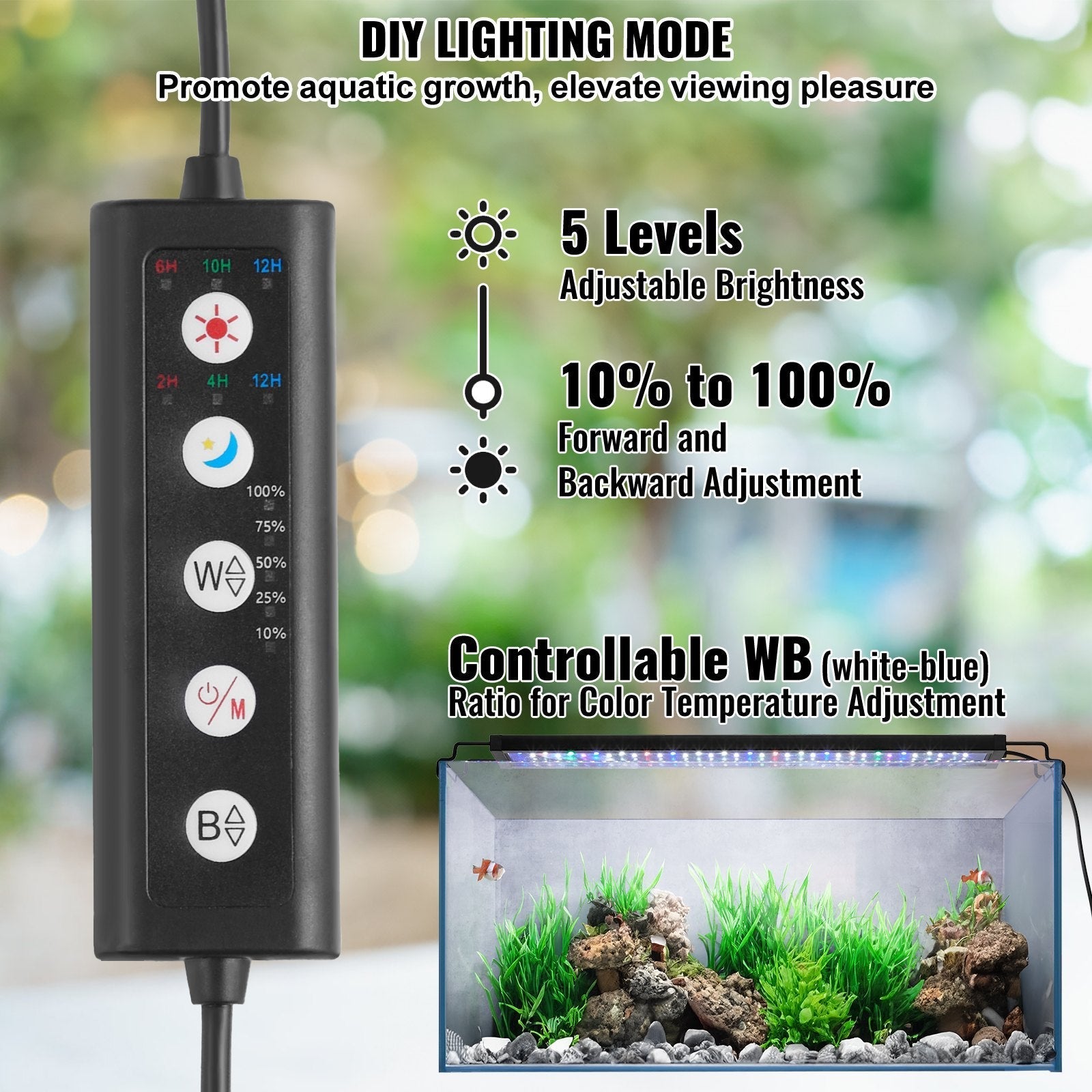 VEVOR Aquarium Light, 14W Full Spectrum Fish Tank Light with 5 Levels Adjustable Brightness, Adjustable Timer and Power-Off Memory, with ABS Shell Extendable Brackets for 18