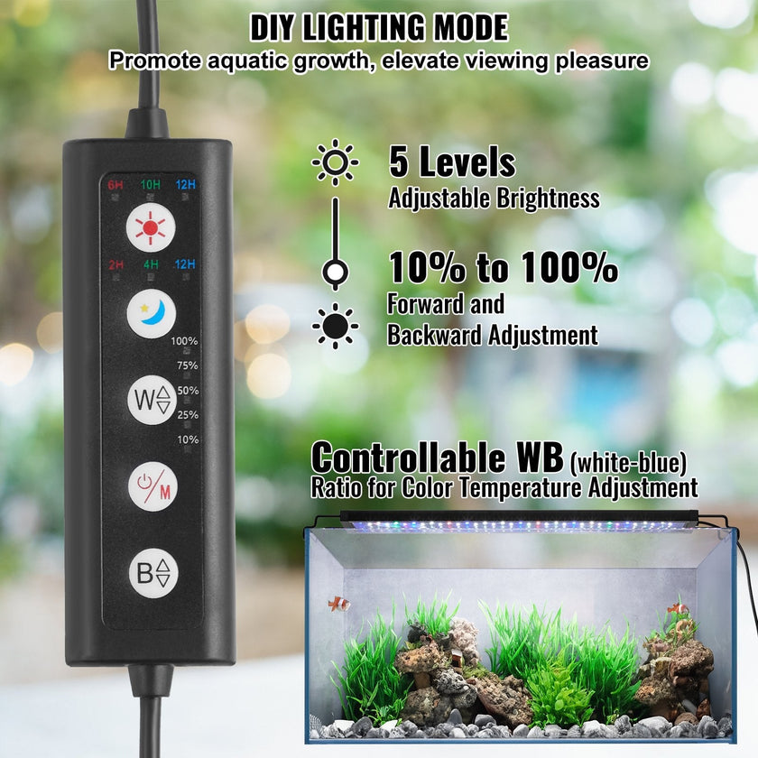 VEVOR Aquarium Light, 14W Full Spectrum Fish Tank Light with 5 Levels Adjustable Brightness, Adjustable Timer and Power-Off Memory, with ABS Shell Extendable Brackets for 18