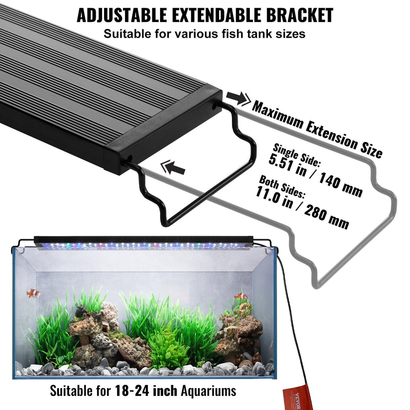 VEVOR Aquarium Light, 14W Full Spectrum Fish Tank Light with 5 Levels Adjustable Brightness, Adjustable Timer and Power-Off Memory, with ABS Shell Extendable Brackets for 18