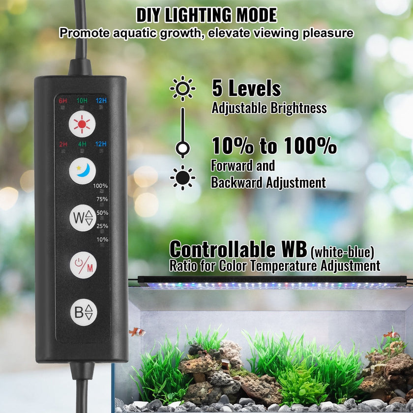 VEVOR Aquarium Light, 26W Full Spectrum Fish Tank Light with 5 Levels Adjustable Brightness, Adjustable Timer and Power-Off Memory, with ABS Shell Extendable Brackets for 36