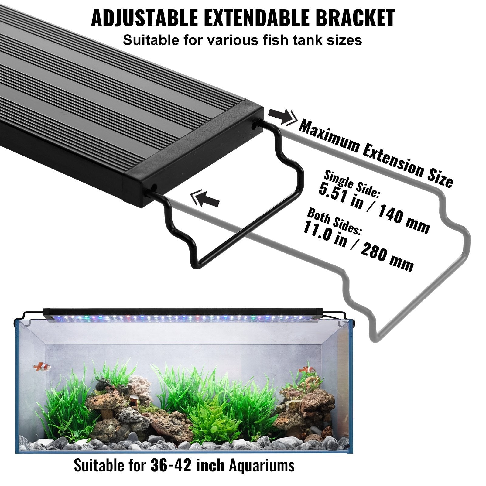 VEVOR Aquarium Light, 26W Full Spectrum Fish Tank Light with 5 Levels Adjustable Brightness, Adjustable Timer and Power-Off Memory, with ABS Shell Extendable Brackets for 36
