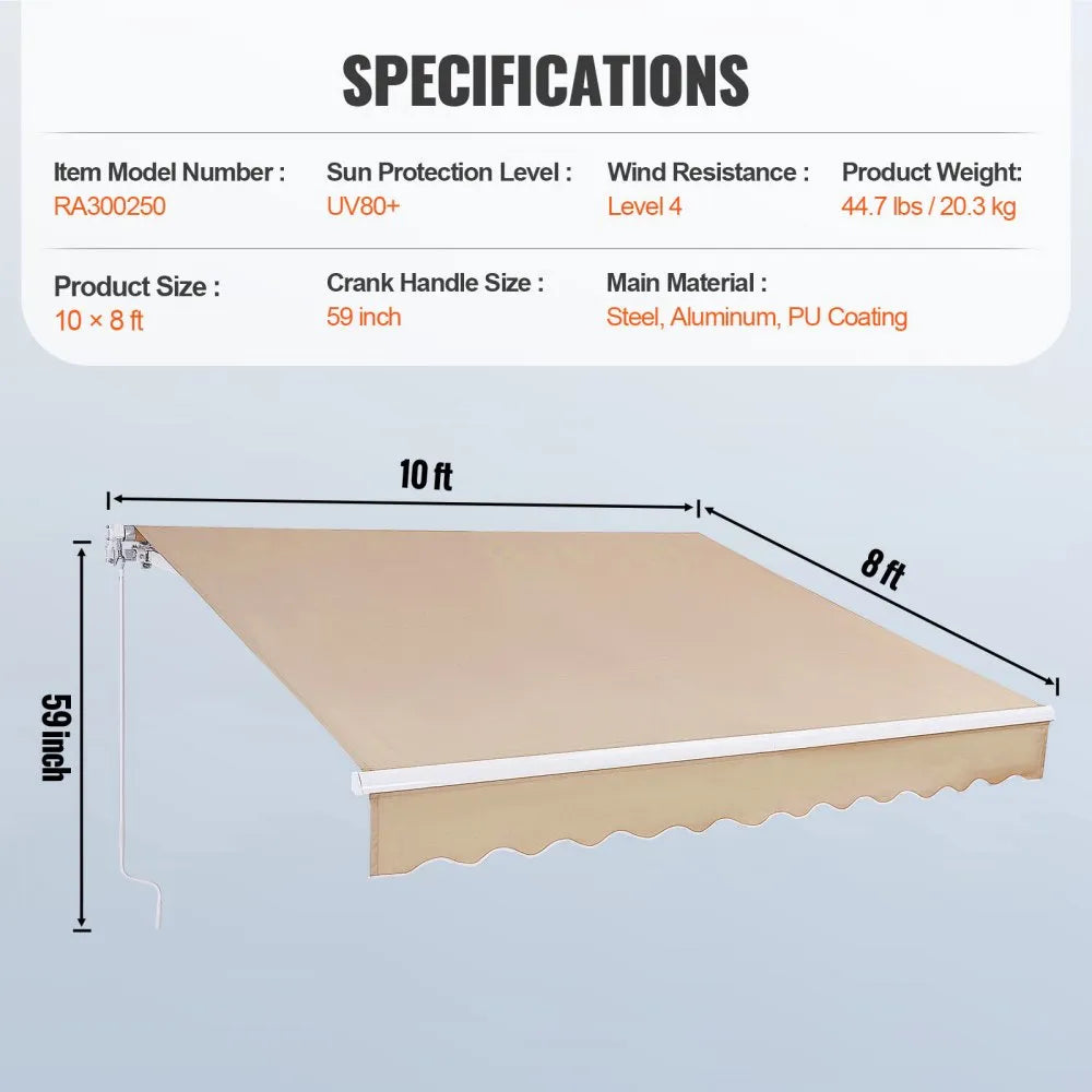 VEVOR Manual Retractable Awning, 10 x 8 ft Outdoor Patio Awning Retractable Sun Shade, Water-Resistant Polyester Patio Door Window Awning Sunshade Shelter with Crank Handle for Backyard, Balcony