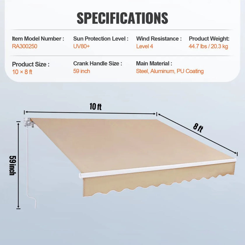 VEVOR Manual Retractable Awning, 10 x 8 ft Outdoor Patio Awning Retractable Sun Shade, Water-Resistant Polyester Patio Door Window Awning Sunshade Shelter with Crank Handle for Backyard, Balcony