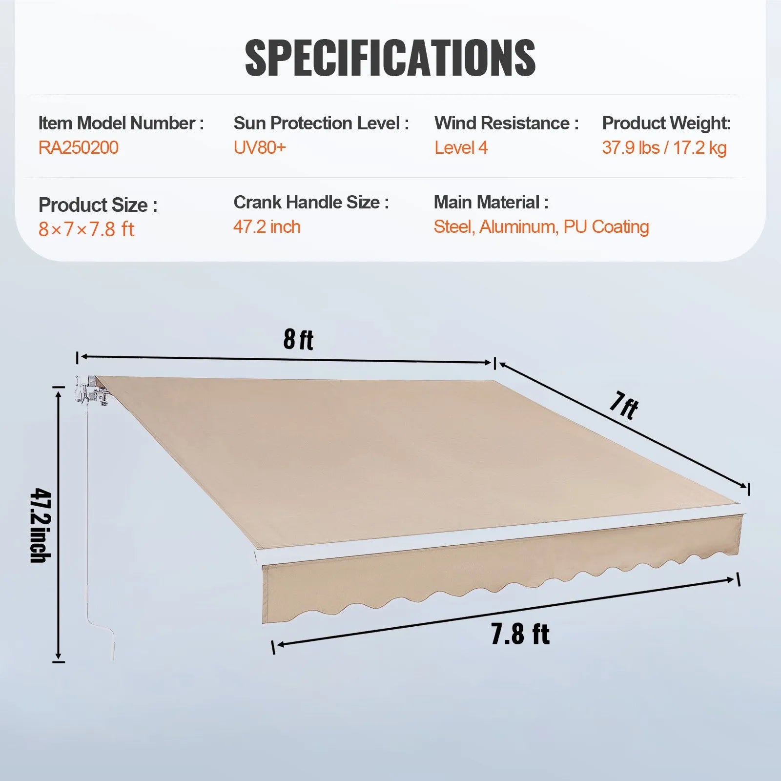 VEVOR Manual Retractable Awning, 8 x 7 ft Outdoor Patio Awning Retractable Sun Shade, Water-Resistant Polyester Patio Door Window Awning Sunshade Shelter with Crank Handle for Backyard, Balcony