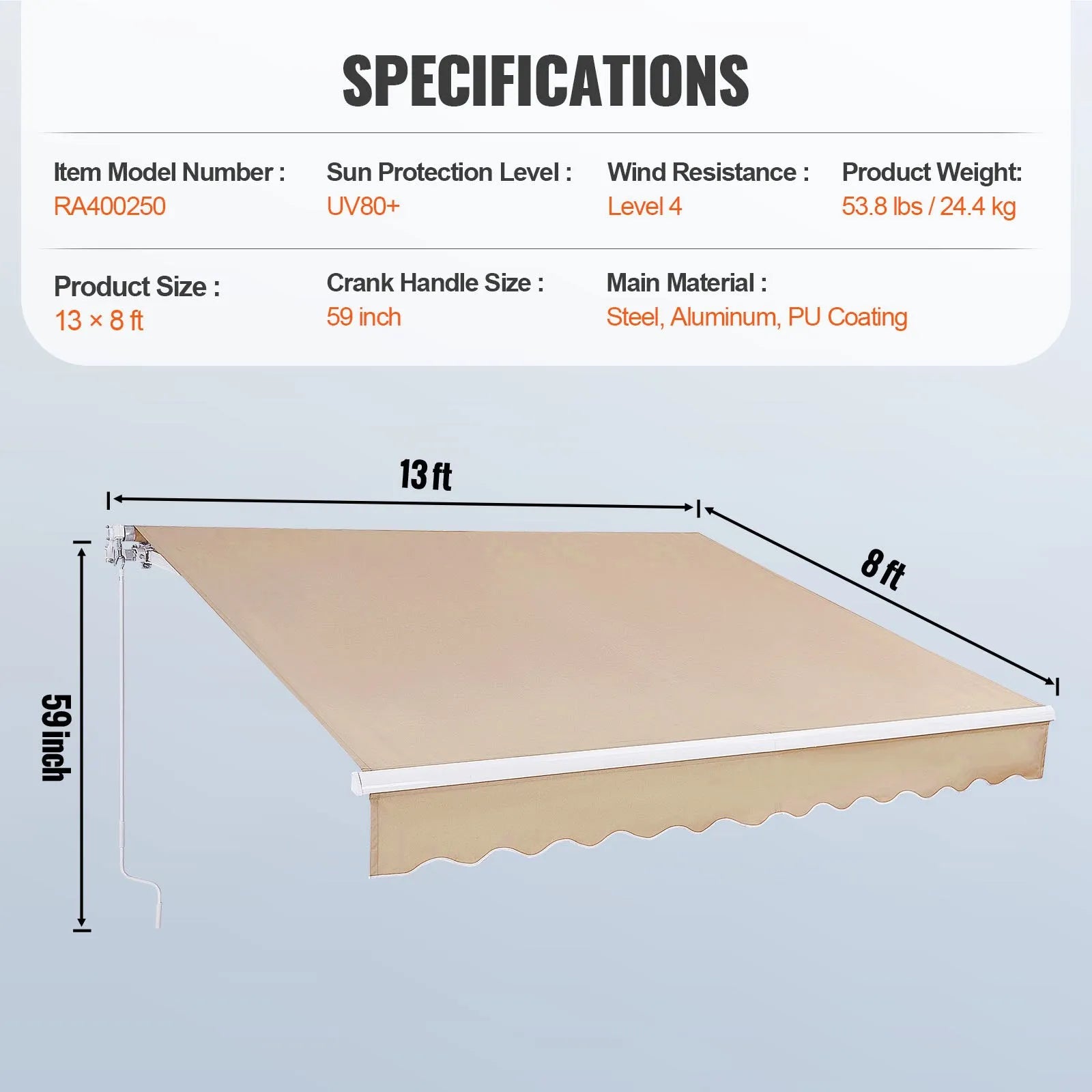 VEVOR Manual Retractable Awning, 13 x 8 ft Outdoor Patio Awning Retractable Sun Shade, Water-Resistant Polyester Patio Door Window Awning Sunshade Shelter with Crank Handle for Backyard, Balcony
