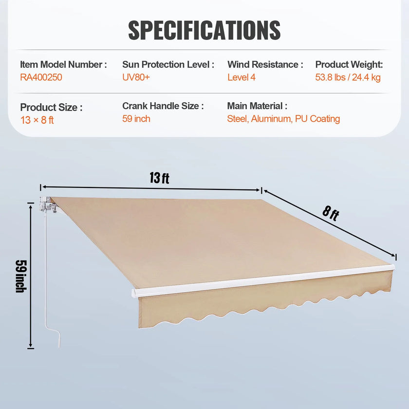 VEVOR Manual Retractable Awning, 13 x 8 ft Outdoor Patio Awning Retractable Sun Shade, Water-Resistant Polyester Patio Door Window Awning Sunshade Shelter with Crank Handle for Backyard, Balcony