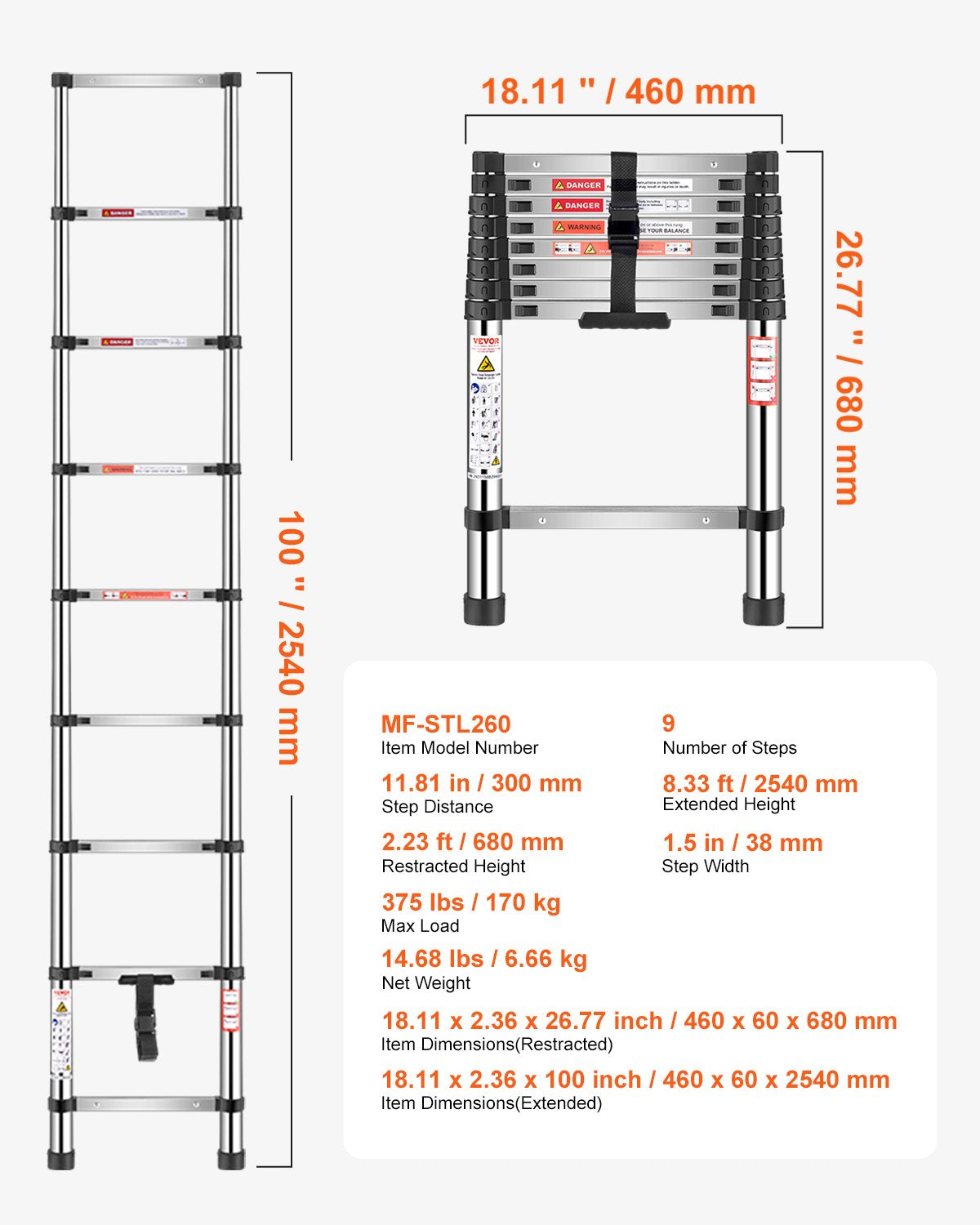 VEVOR Telescoping Ladder Stainless Steel Extension Step 8.5ft Portable Ladders
