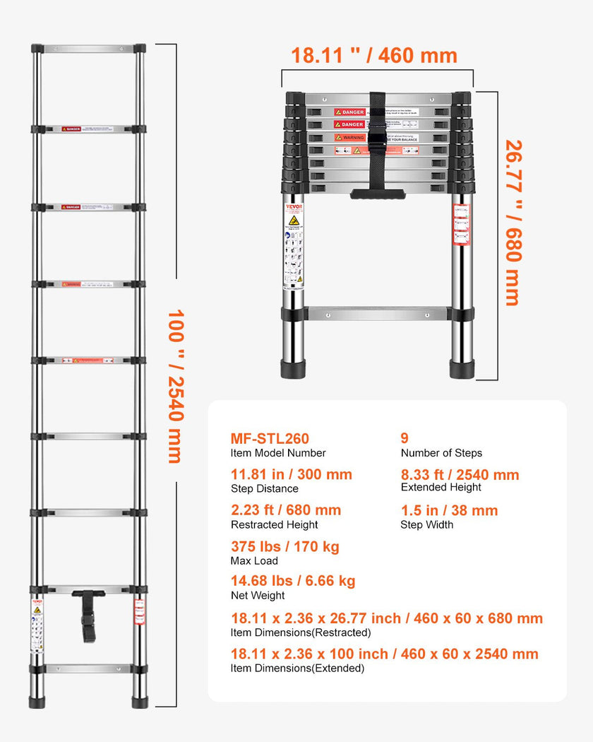 VEVOR Telescoping Ladder Stainless Steel Extension Step 8.5ft Portable Ladders