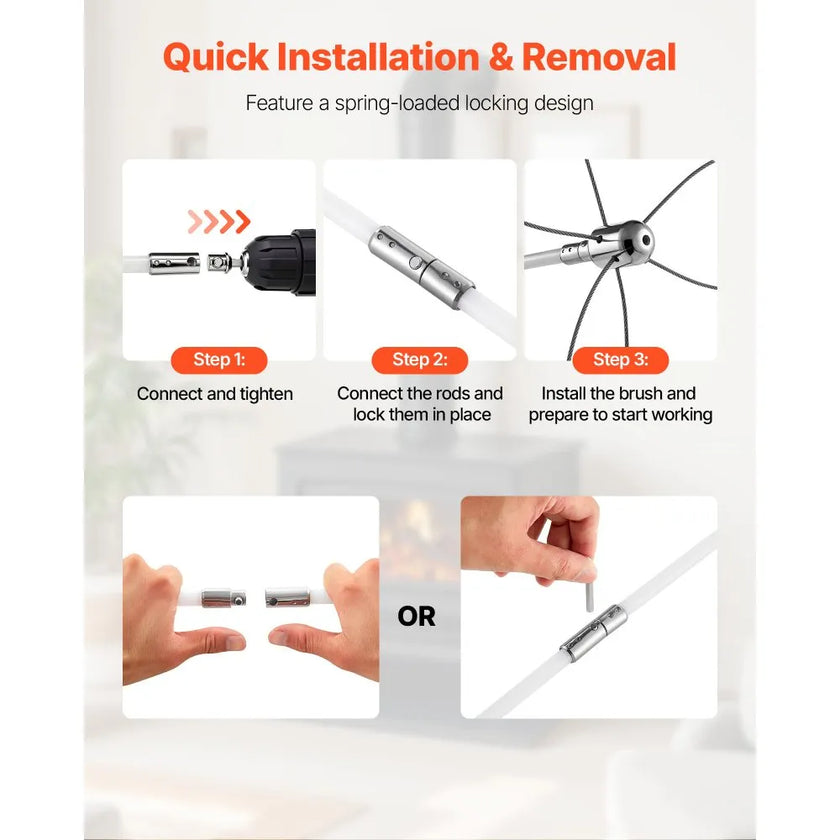 33ft Chimney Sweep Kit with Dual Brush Heads, Flexible Fireplace Chimney Cleaning Brush Tool with Rods & Safety Goggles