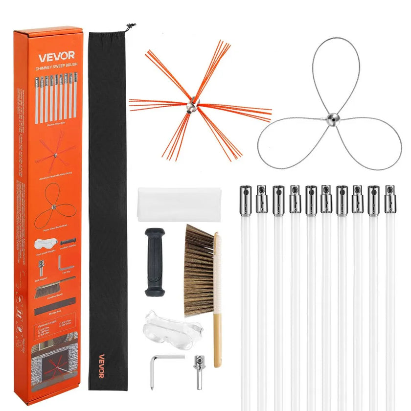 33ft Chimney Sweep Kit with Dual Brush Heads, Flexible Fireplace Chimney Cleaning Brush Tool with Rods & Safety Goggles