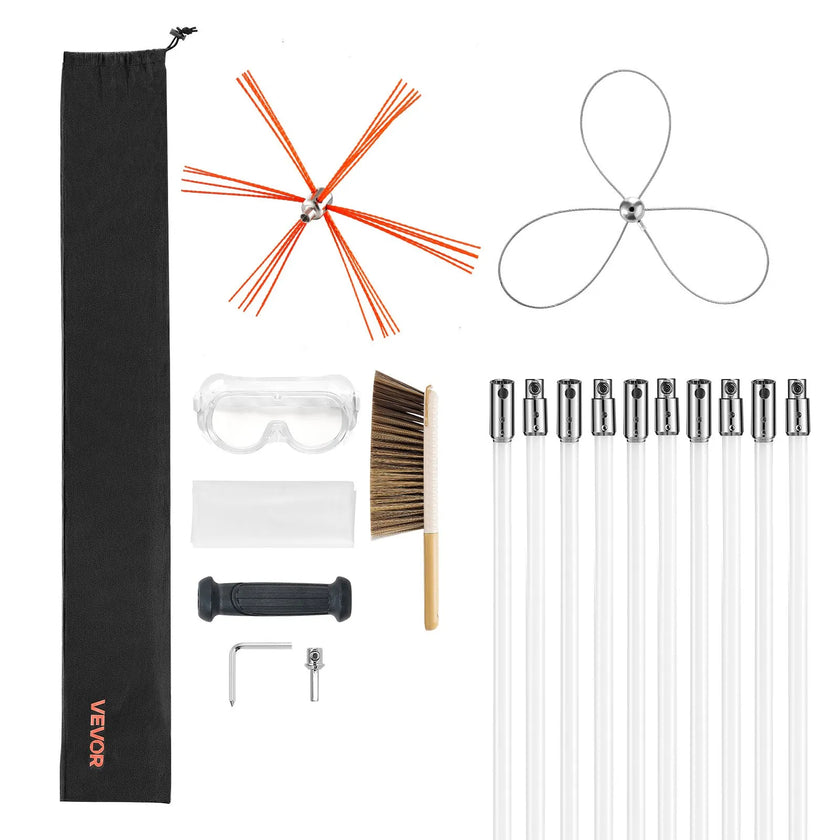 33ft Chimney Sweep Kit with Dual Brush Heads, Flexible Fireplace Chimney Cleaning Brush Tool with Rods & Safety Goggles