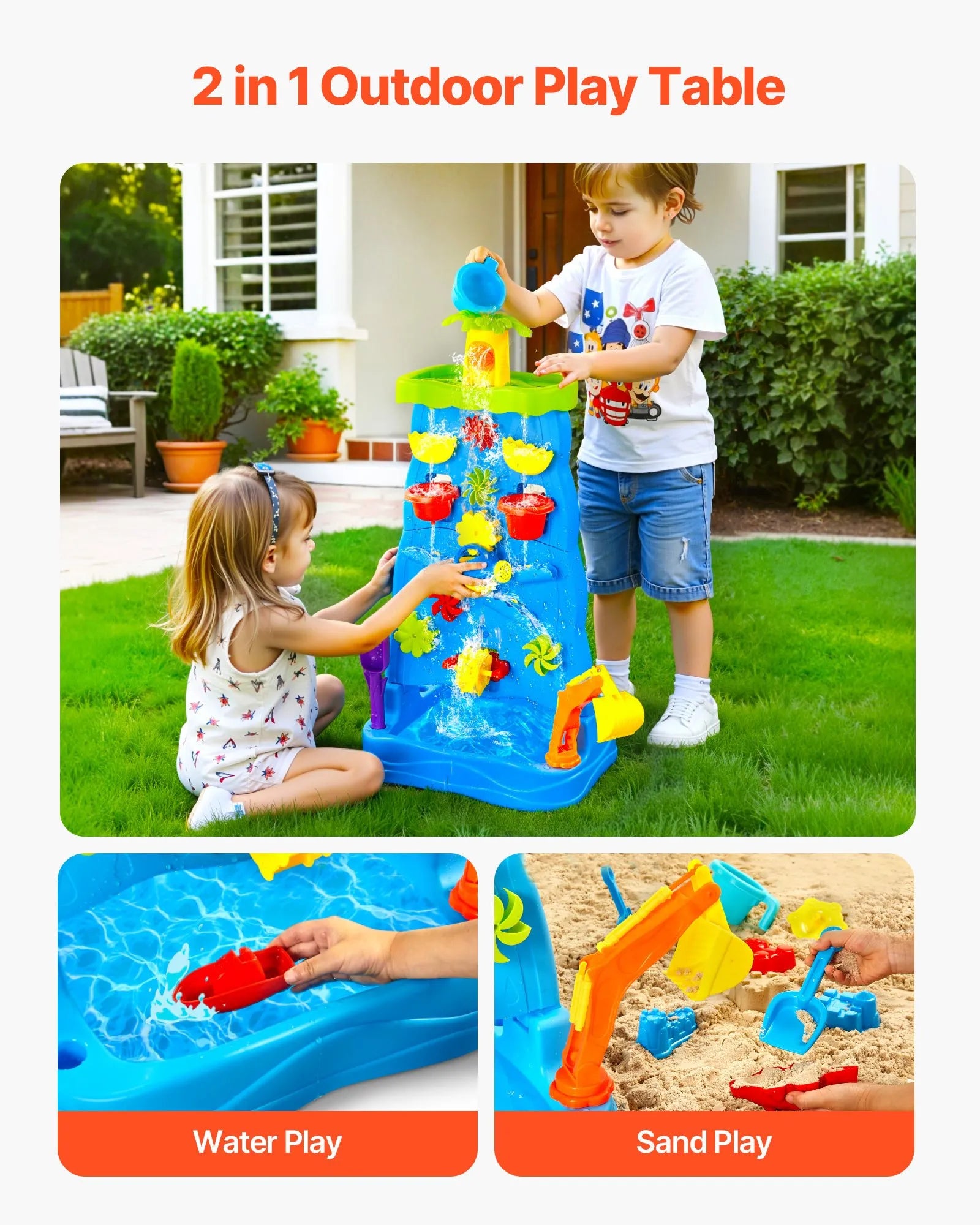 VEVOR Sand & Water Table for Toddlers Double-Sided Kids Activity Waterfall Table