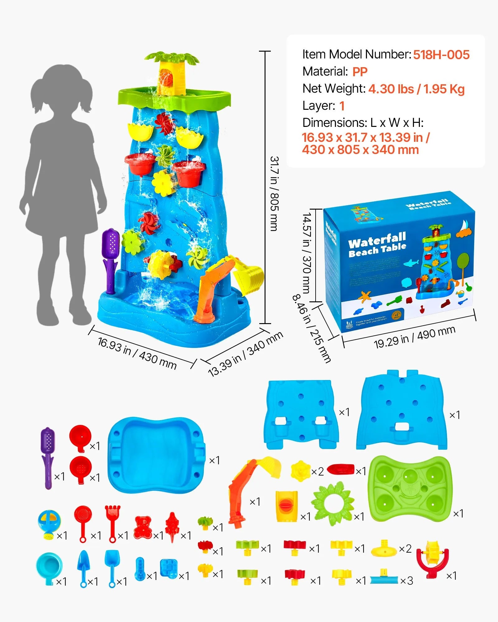 VEVOR Sand & Water Table for Toddlers Double-Sided Kids Activity Waterfall Table