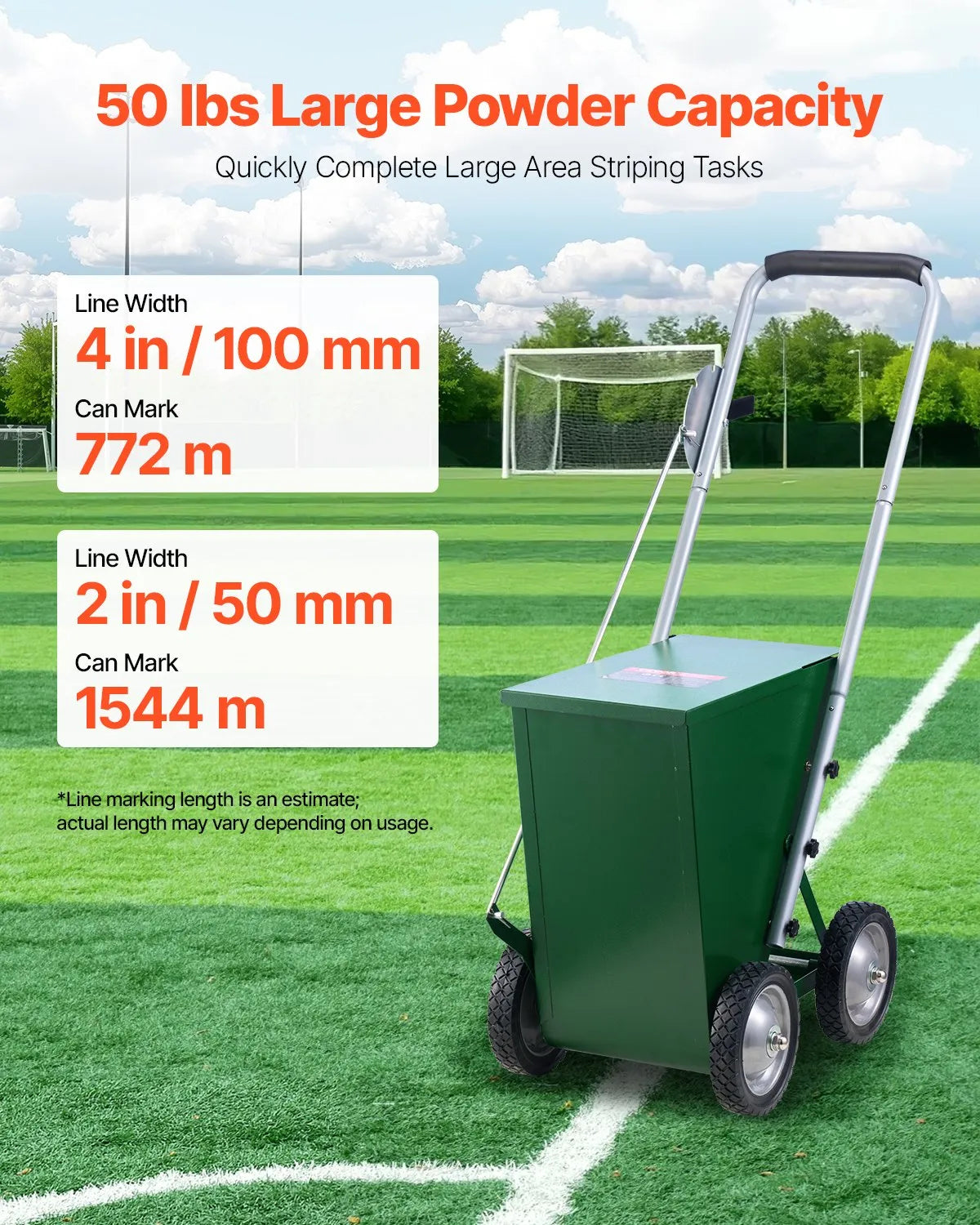 VEVOR Dry Line Marker 4-Wheel 2 or 4 in Lines Heavy Duty Steel Chalker 50 lbs