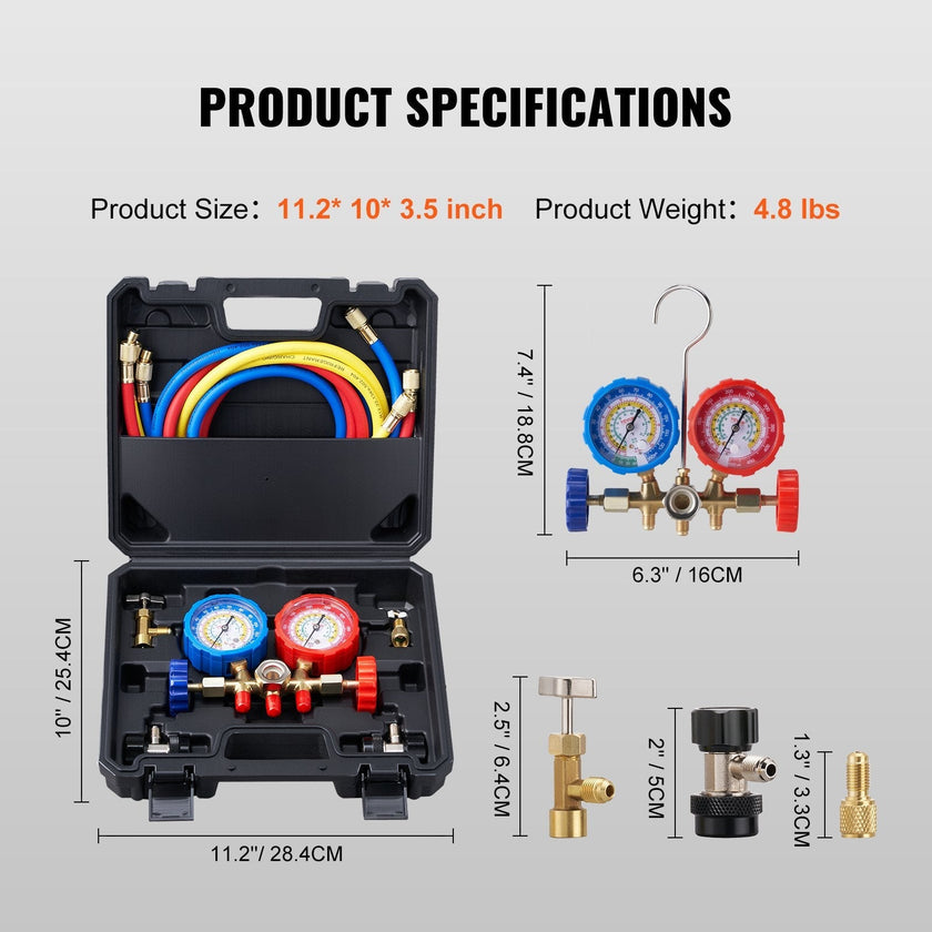 VEVOR AC Gauge Set - 3 Way AC Manifold Gauge Set for R134A R22 R12 R502 Refrigerant, Freon Gauges with 5ft Hoses, Couplers, Can Tap Works on Car Auto Freon Charging and Evacuation