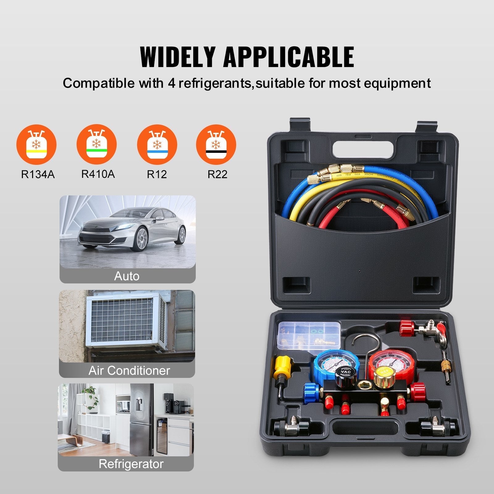 VEVOR 4 Way AC Gauge - AC Manifold Gauge Set for R134A R22 R12 R502 Refrigerant, Freon Gauges with 5ft Hoses, Couplers, Can Tap Works on Car Auto Freon Charging and Evacuation