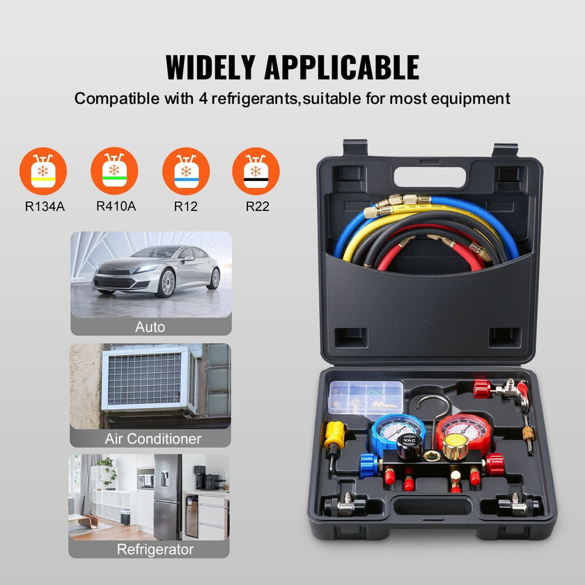 VEVOR 4 Way AC Gauge - AC Manifold Gauge Set for R134A R22 R12 R502 Refrigerant, Freon Gauges with 5ft Hoses, Couplers, Can Tap Works on Car Auto Freon Charging and Evacuation