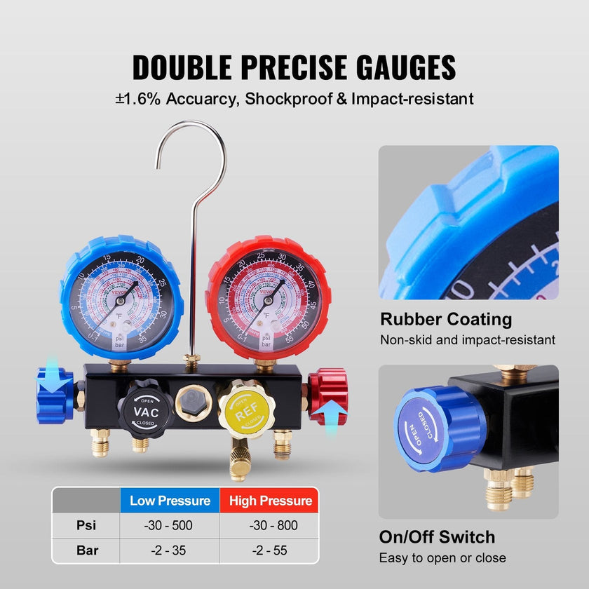 VEVOR 4 Way AC Gauge - AC Manifold Gauge Set for R134A R22 R12 R502 Refrigerant, Freon Gauges with 5ft Hoses, Couplers, Can Tap Works on Car Auto Freon Charging and Evacuation