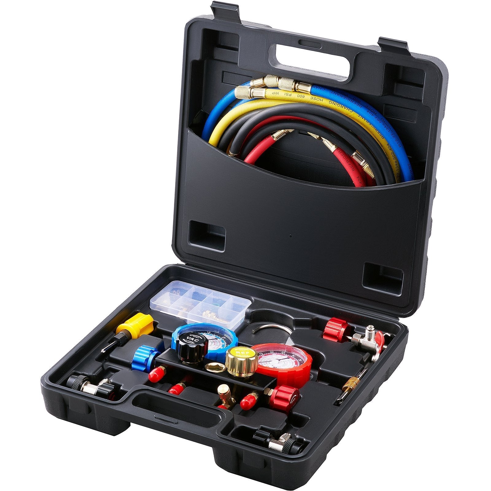 VEVOR 4 Way AC Gauge - AC Manifold Gauge Set for R134A R22 R12 R502 Refrigerant, Freon Gauges with 5ft Hoses, Couplers, Can Tap Works on Car Auto Freon Charging and Evacuation