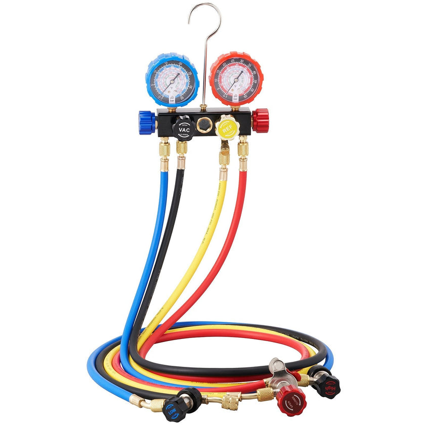 VEVOR 4 Way AC Gauge - AC Manifold Gauge Set for R134A R22 R12 R502 Refrigerant, Freon Gauges with 5ft Hoses, Couplers, Can Tap Works on Car Auto Freon Charging and Evacuation
