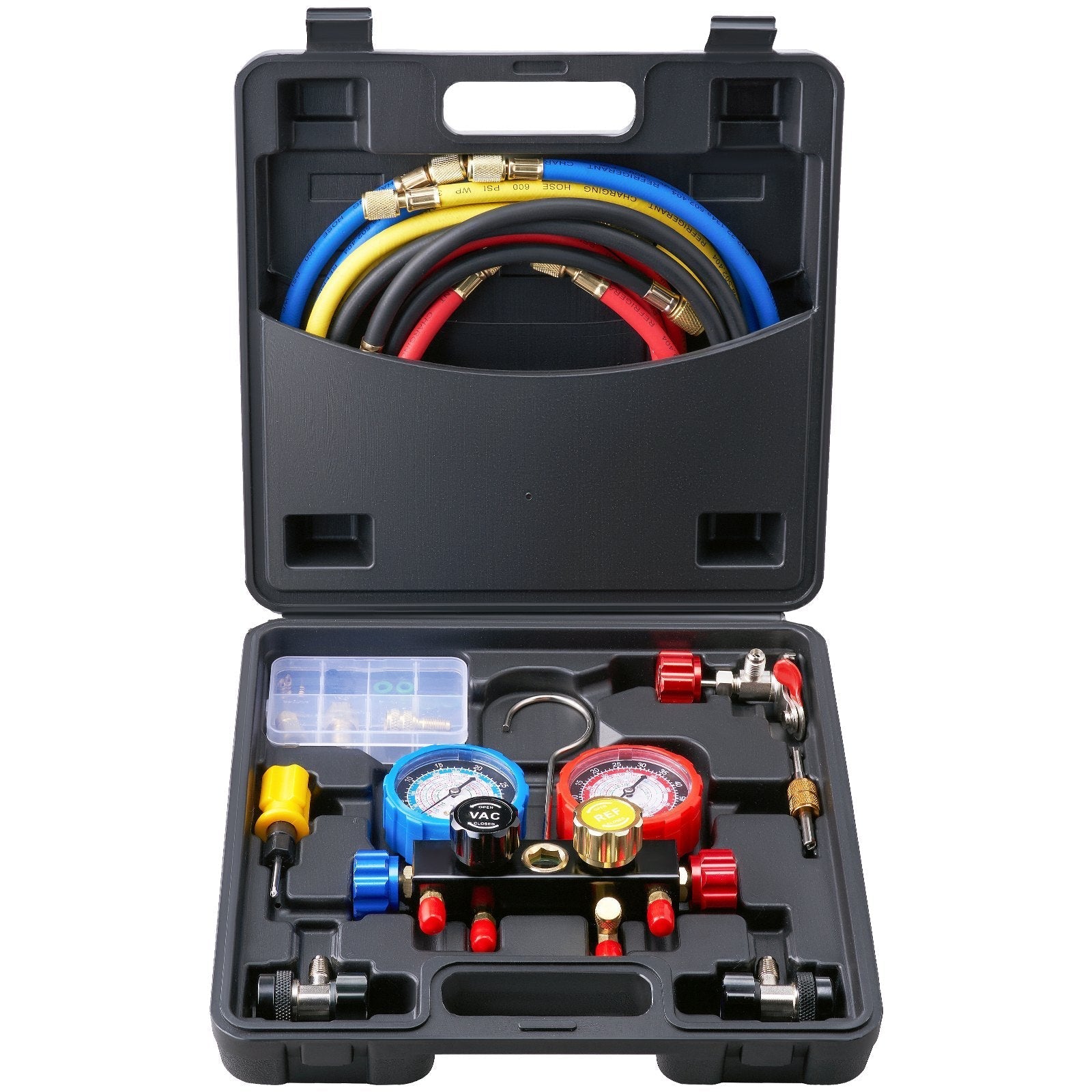 VEVOR 4 Way AC Gauge - AC Manifold Gauge Set for R134A R22 R12 R502 Refrigerant, Freon Gauges with 5ft Hoses, Couplers, Can Tap Works on Car Auto Freon Charging and Evacuation